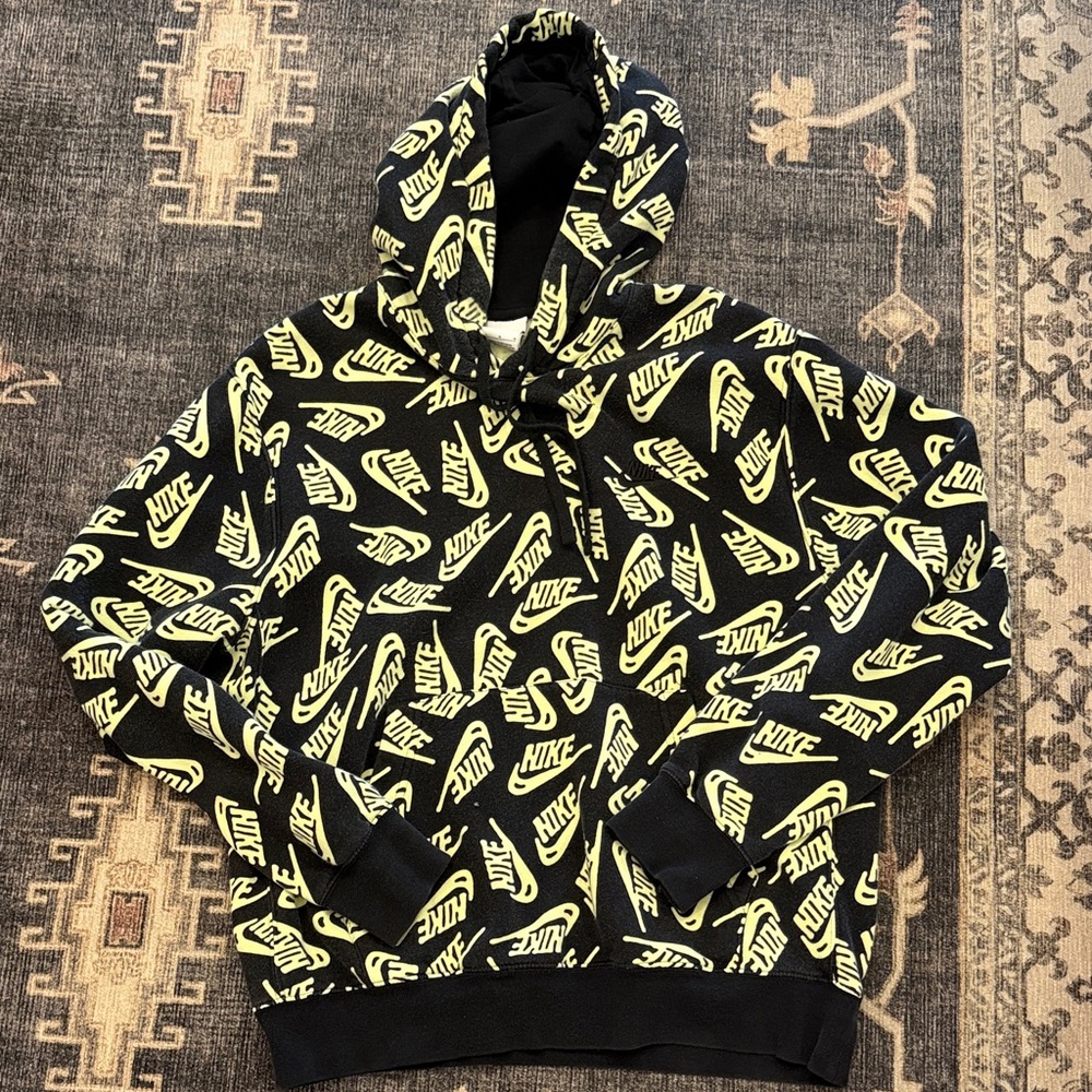 Nike Black and pale Yellow swoosh Patterned Hoodie size medium